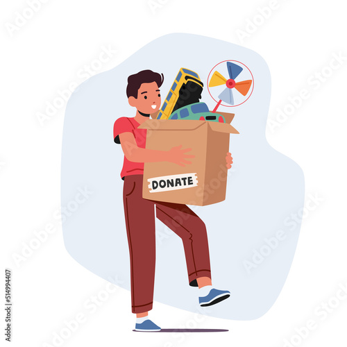 Little Boy Orphan Character with Donation Box full of Toys. Charity, Social Care, Assistance and Help to Poor Children