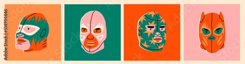 Various Lucha libre masks. Luchador colorful head set. Traditional Mexican wrestling masks. Luchadores Heroes. Hand drawn modern Vector illustration. Every head is isolated. Cartoon style photo