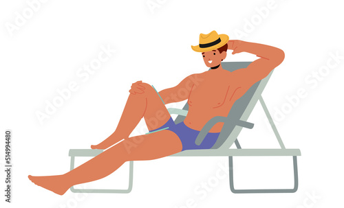 Young Man Lounging on Chaise Lounge on Sea Beach or Poolside at Summer Time Vacation. Tourist Relaxing on Seaside
