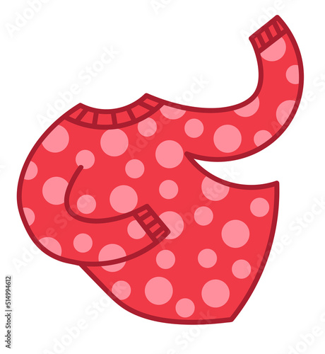 Vector cartoon drawing of dancing red sweater with happily raised arms and pink polka dot pattern. Graphic print illustrarion for Christmas, New Year, birthday, celebration.
