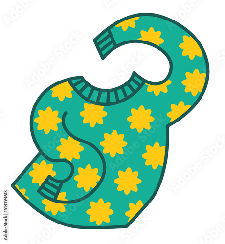 Vector cartoon drawing of turquoise sweater with happily moving arms and yellow stars pattern. Graphic print illustrarion for Christmas, New Year, birthday, celebration.