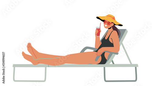 Woman in Bikini Sitting on Deck Chair at Poolside or Beach Drinking Cocktail. Female Character Spend Time Outdoors