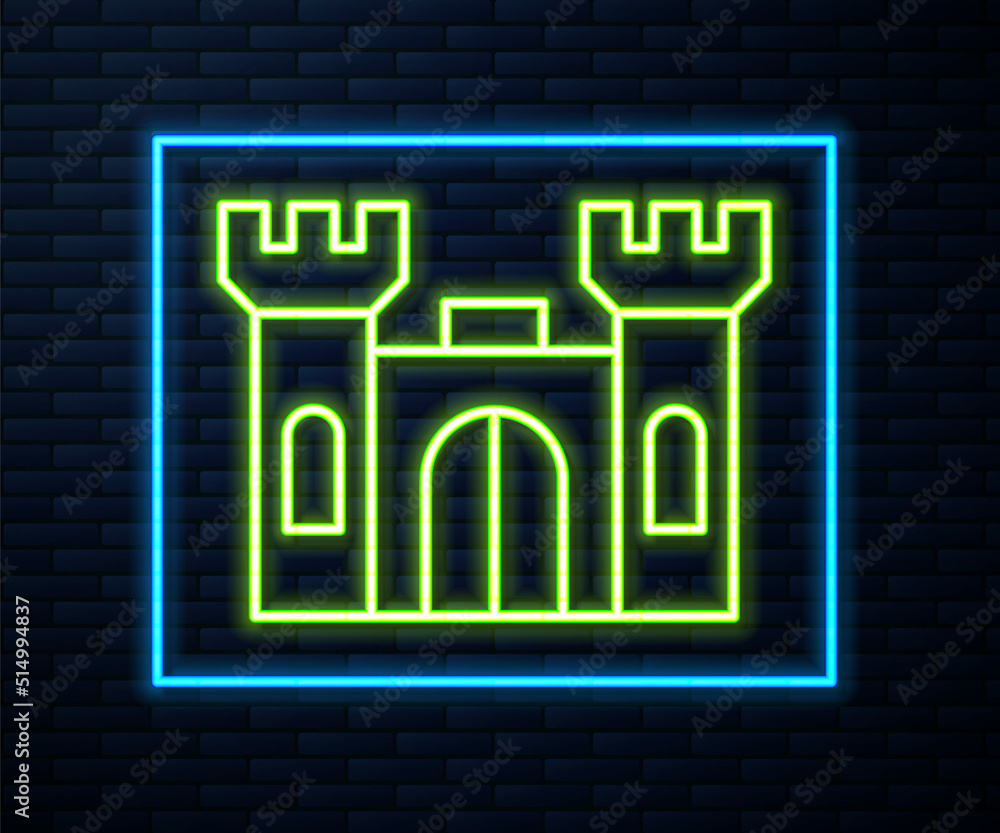 Glowing neon line Castle icon isolated on brick wall background. Vector Glowing neon line Castle icon isolated on brick wall background. Vector