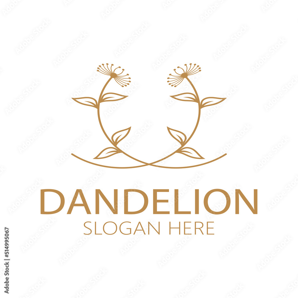 Obraz premium Dandelion flower logo with stem and leaves. Using modern vector concept design symbol icon illustration