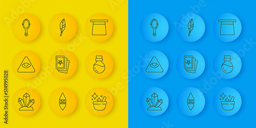 Set line Magic stone, Masons, Three tarot cards, Witch cauldron, Bottle with potion, hand mirror, hat and feather icon. Vector