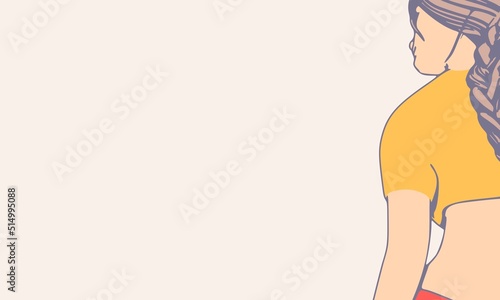 Back view of standing woman. Sport girl illustration. Young woman wearing workout clothes. Sport fashion girl outline in urban casual style. Banner for presentation