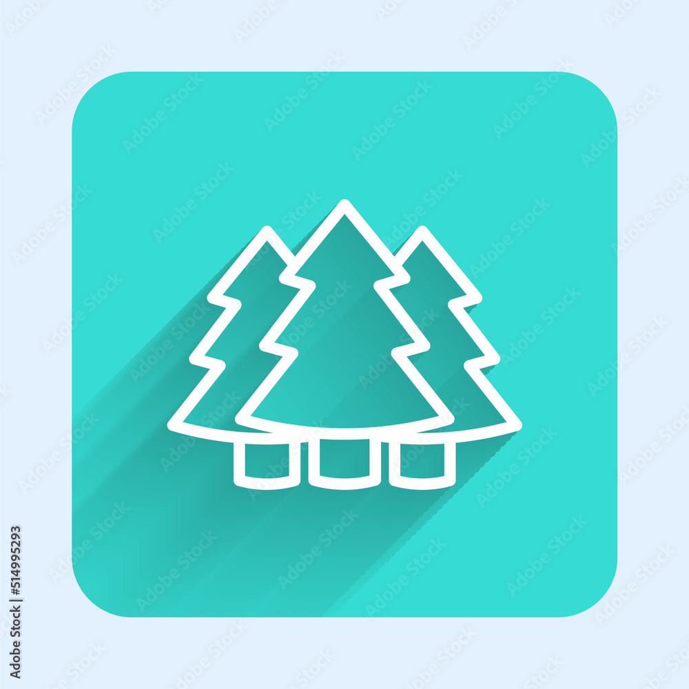 White line Christmas tree icon isolated with long shadow background. Merry Christmas and Happy New Year. Green square button. Vector White line Christmas tree icon isolated with long shadow background. Merry Christmas and Happy New Year. Green square button. Vector