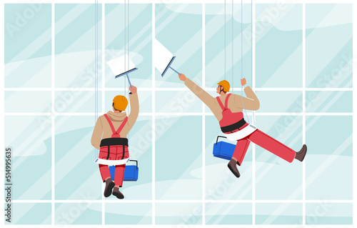 Window Washers Profession. Industrial Deep Cleaning Company Service. Workers with Professional Equipment