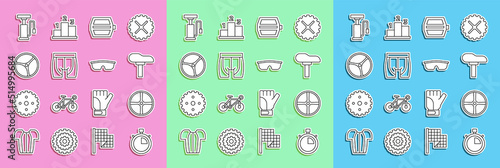 Set line Stopwatch, Bicycle wheel, seat, pedal, Cycling shorts, air pump and Sport cycling sunglasses icon. Vector