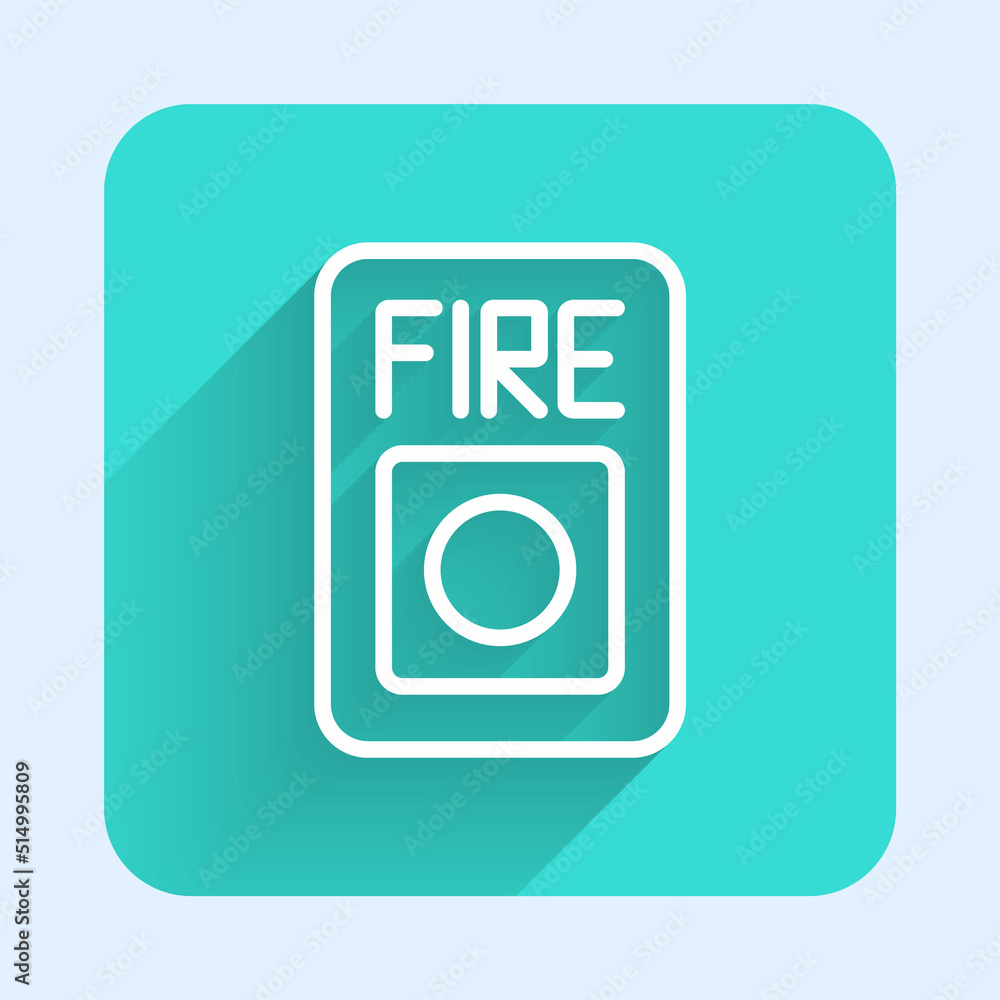 White line Fire alarm system icon isolated with long shadow background. Pull danger fire safety box. Green square button. Vector White line Fire alarm system icon isolated with long shadow background. Pull danger fire safety box. Green square button. Vector