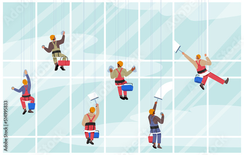 Window Washers Male and Female Characters in Uniform with Equipment Cleaning Building with Huge Glasses, Cleaners