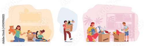 Set Toys Donation, Humanitarian Aid to Orphans Concept. Children and Volunteers Characters Sorting Box with Play Things