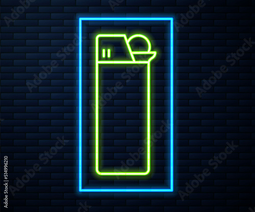 Glowing neon line Lighter icon isolated on brick wall background. Vector