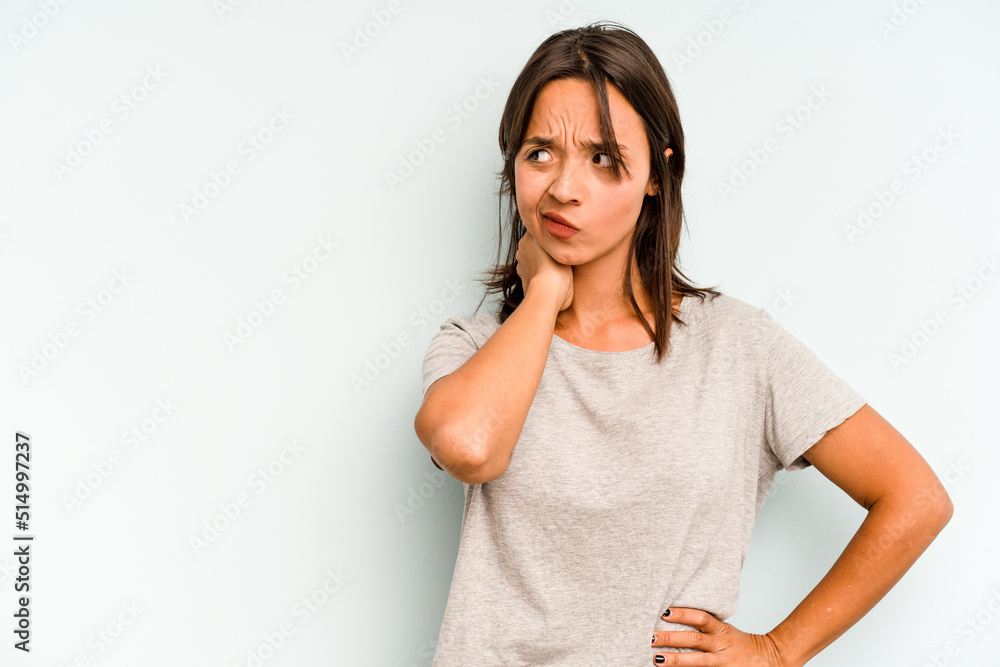 Young hispanic woman isolated on blue background points down with fingers, positive feeling. Young hispanic woman isolated on blue background points down with fingers, positive feeling.