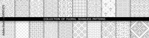 Geometric floral set of seamless patterns. White and gray vector backgrounds. Simple illustrations