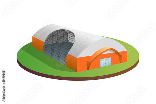 Temporary industrial tent 3d building with construction demonstration. Awning tarpaulin warehouse hangar. Commercial exhibition tunnel hall barn. Factory production distribution or storage eps concept