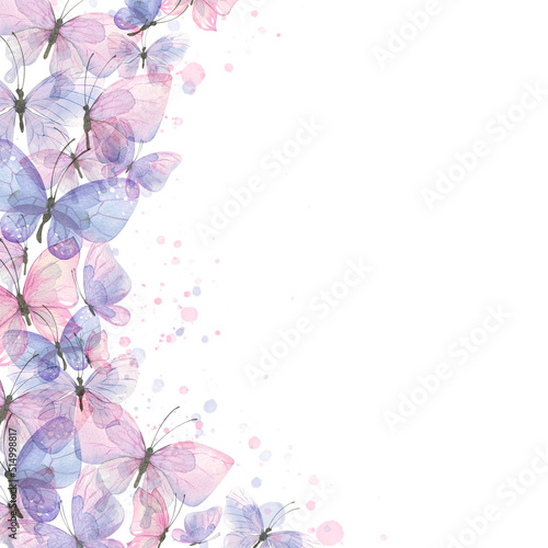 A frame of light pink and lilac butterflies with splashes of paint. Watercolor illustration. For the design and decoration of postcards, posters, ads, certificates, invitations, boards, banners.
