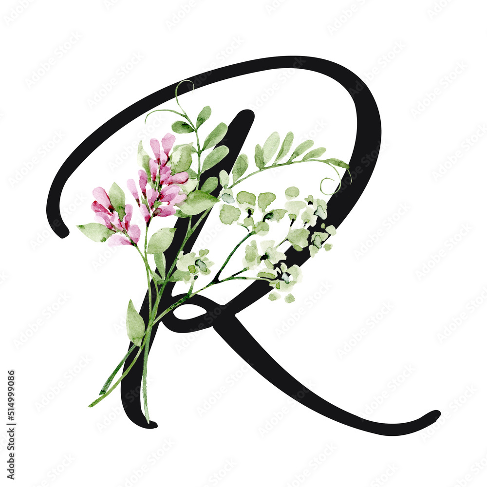 Stockillustratie Floral alphabet, letter R with watercolor flowers and