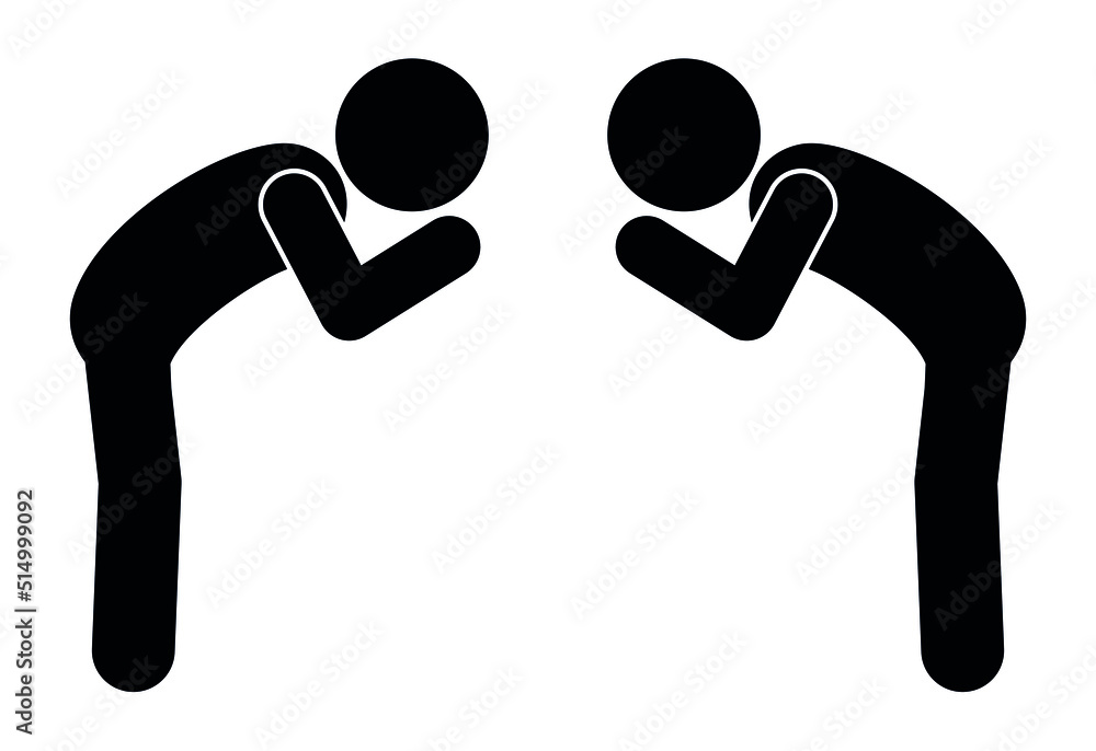 people bow to each other, bow icon, stick figure human silhouette Stock