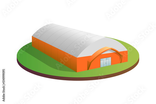 Temporary industrial tent 3d building. Awning tarpaulin warehouse hangar. Commercial exhibition tunnel hall barn construction. Factory production distribution goods or storage concept. Vector eps