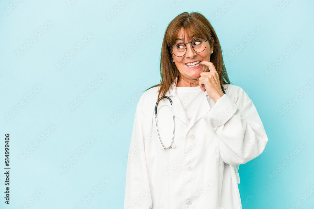 Middle age doctor woman isolated on pink background relaxed thinking about something looking at a copy space. Middle age doctor woman isolated on pink background relaxed thinking about something looking at a copy space.