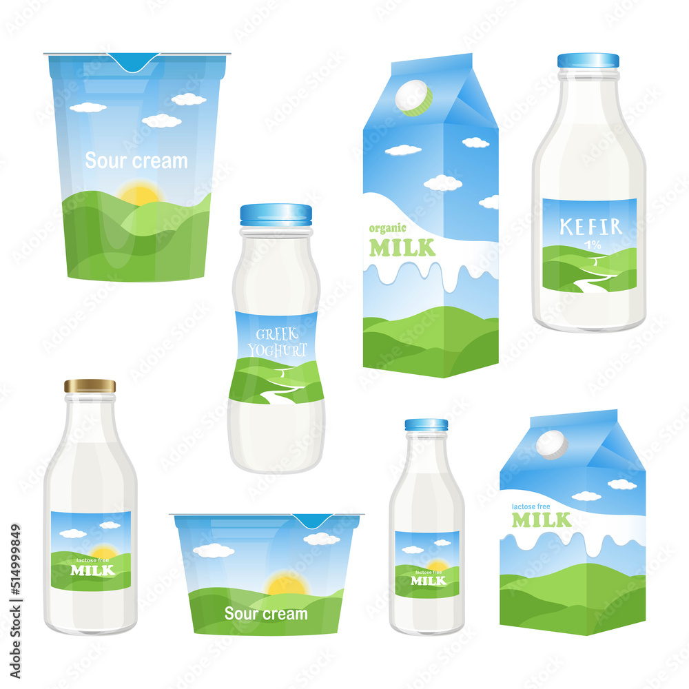 Set of glass and plastic bottles, cardboard boxes, jars and packaging for milk, yogurt, sour cream and dairy products with natural landscape label on white square background Set of glass and plastic bottles, cardboard boxes, jars and packaging for milk, yogurt, sour cream and dairy products with natural landscape label on white square background