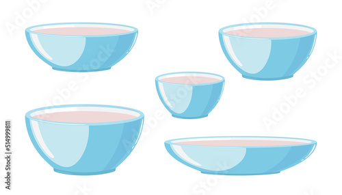 Various bowls and plates, dishware set in pastel blue color, vector illustration on a white background