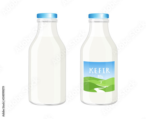 Kefir, yogurt or milk glass grey bottle without label, cartoon style vector illustration isolated on white background