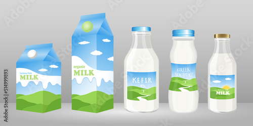 Set of glass and plastic bottles, cardboard boxes and packaging for milk, yogurt and dairy products with natural landscape label on grey banner background