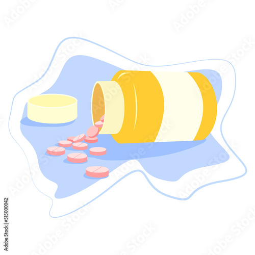 Pink tablets spilling out of yellow pill bottle on blue background. Pharmaceutical medicine and medical treatment concept. Cartoon vector illustration.