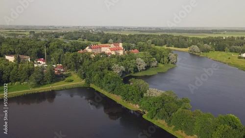 Aerial view of Nesvizh Castle, Belarus. Medieval castle and palace. Restored medieval fortress. Heritage concepts. World monument of architecture. photo