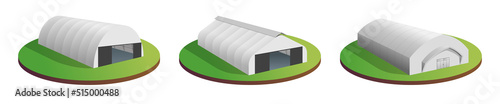 Storehouse building set. Temporary industrial 3d tents. Awning tarpaulin warehouse aircraft hangars. Commercial exhibition tunnel hall. Factory production distribution or storage barns. Vector eps