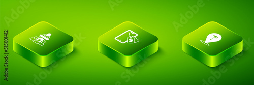 Set Isometric Online auction, Auction hammer and auctioneer sells icon. Vector