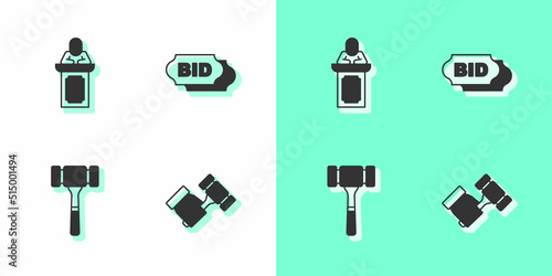 Set Auction hammer, auctioneer sells, and Bid icon. Vector