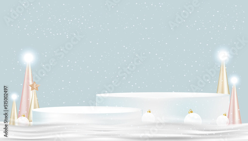 Winter Christmas background 3D Podium,Conical tree with snowdrift on blue sky background.Vector banner Nature Winter landscape with snow falling on stand backdrop for New Year,Christmas Sale,discount