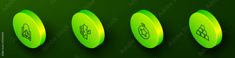 Set Isometric line Rocket launch from the spaceport, Cactus, Canteen water bottle and Gold bars icon. Vector Set Isometric line Rocket launch from the spaceport, Cactus, Canteen water bottle and Gold bars icon. Vector