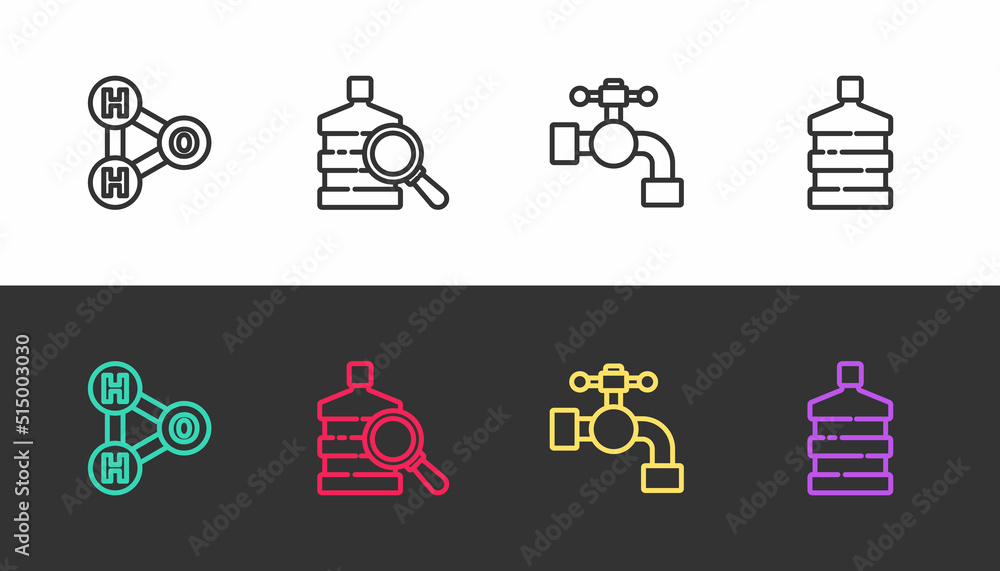Set line Chemical formula for H2O, Big bottle with clean water, Water tap and on black and white. Vector Set line Chemical formula for H2O, Big bottle with clean water, Water tap and on black and white. Vector