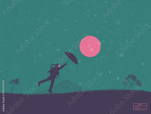 Astronaut in rainy weather. Man with umbrella. Cosmonaut silhouette