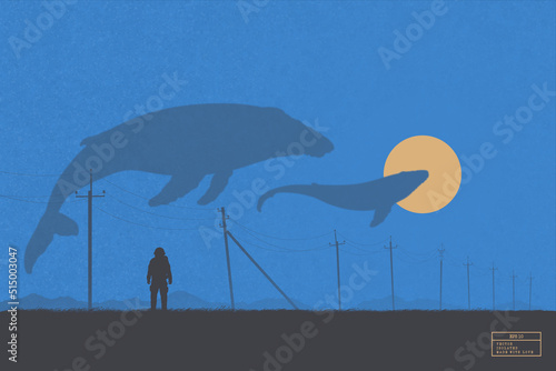 Lonely astronaut. Flying whale in sky. Fantastic animal. Sci Fi