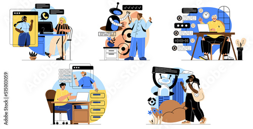 Set of people communicating online. Men and women chat in messengers using chat bot. Digital assistant solves problems. Customer support service. Cartoon flat vector collection isolated on white