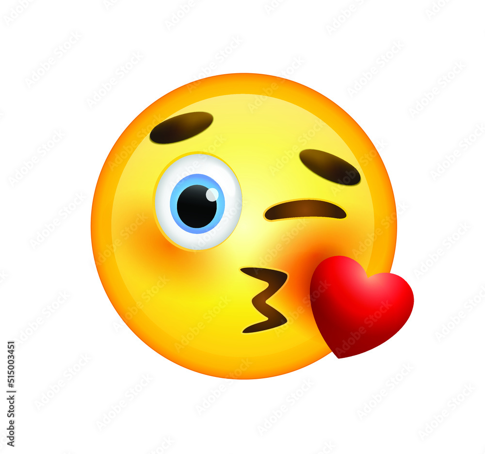 High quality emoticon on white background vector illustration. Emoji with flying kiss red heart and winking eye face. A yellow face emoji kiss. Popular chat elements. Trending emoticon. High quality emoticon on white background vector illustration. Emoji with flying kiss red heart and winking eye face. A yellow face emoji kiss. Popular chat elements. Trending emoticon.