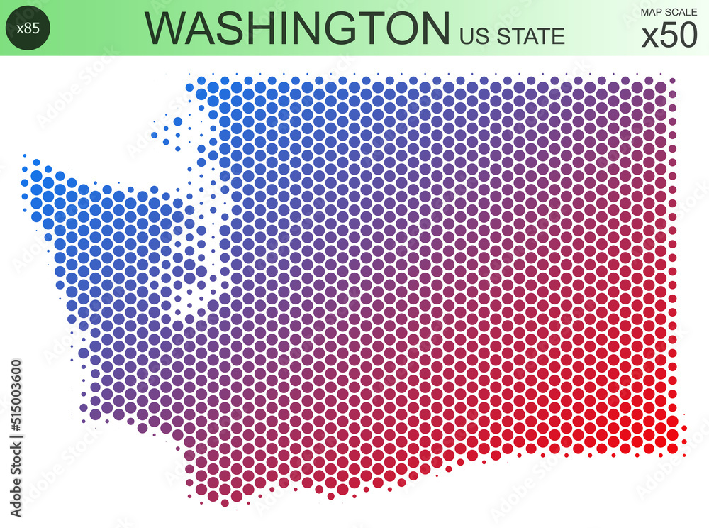 Dotted map of the state of Washington in the USA, from circles, on a scale of 50x50 elements. With smooth edges and a smooth gradient from one color to another on a white background.