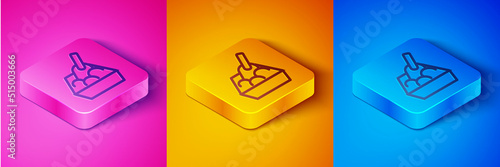 Isometric line Cat litter tray with shovel icon isolated on pink and orange, blue background. Sandbox cat with shovel. Square button. Vector