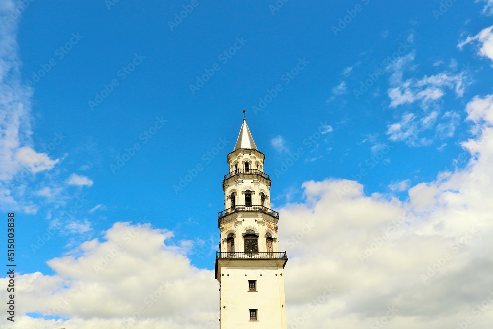 Ancient white factory tower in the Urals
