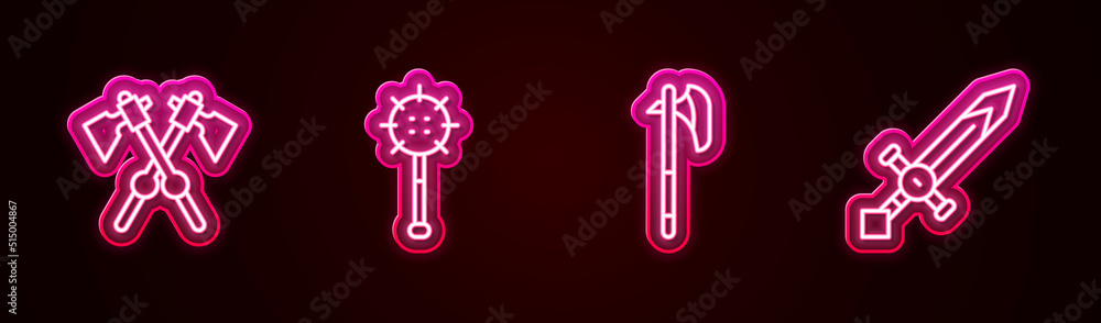 Set line Crossed medieval axes, Medieval chained mace ball, and sword. Glowing neon icon. Vector Set line Crossed medieval axes, Medieval chained mace ball, and sword. Glowing neon icon. Vector