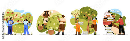 Set of people picking harvest. Farmers pick fresh ripe fruits and berries from trees and bushes. Characters with baskets next to orchard plants. Cartoon flat vector illustrations isolated on white