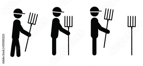 Cartoon farmers with metal hayfork. Hayforks symbol or icon. Stickman, stick figure man For tillage and agriculture. Farmer working with pitchfork. Farm garden tool. Fork for gardening and farming.