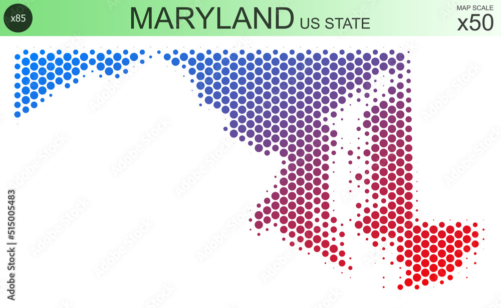 Dotted map of the state of Maryland in the USA, from circles, on a scale of 50x50 elements. With smooth edges and a smooth gradient from one color to another on a white background.