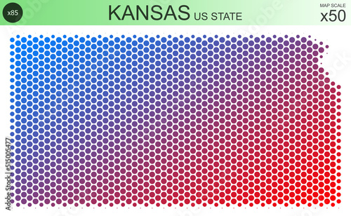 Dotted map of the state of Kansas in the USA, from circles, on a scale of 50x50 elements. With smooth edges and a smooth gradient from one color to another on a white background.
