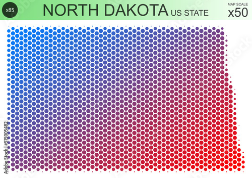 Dotted map of the state of North Dakota in the USA, from circles, on a scale of 50x50 elements. With smooth edges and a smooth gradient from one color to another on a white background.